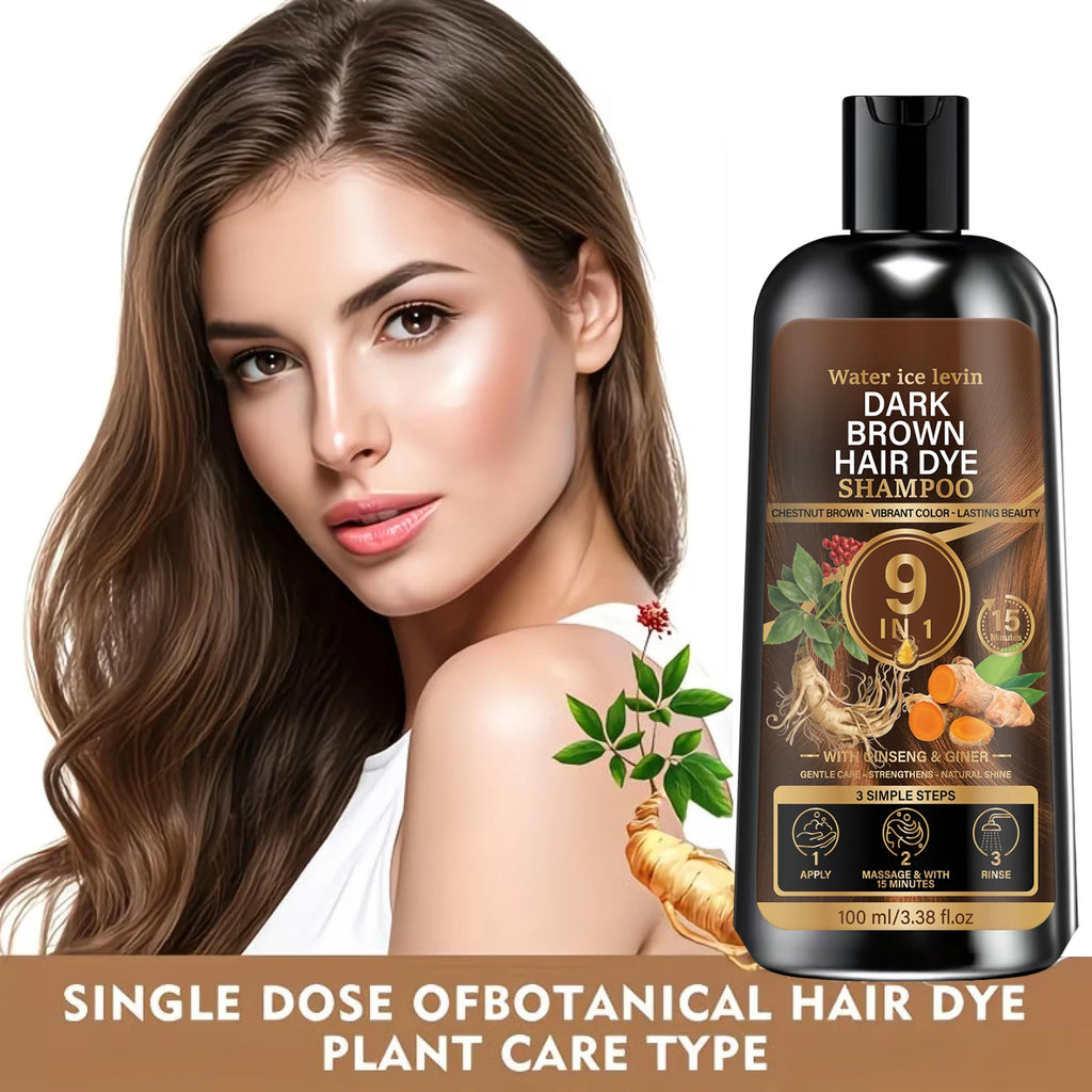 9 In 1 Natural Dark Brown Hair Dye Shampoo With Ginseng Ginger Gentle Coloring Shampoo Long Lasting Chestnut Hair Color 100ml