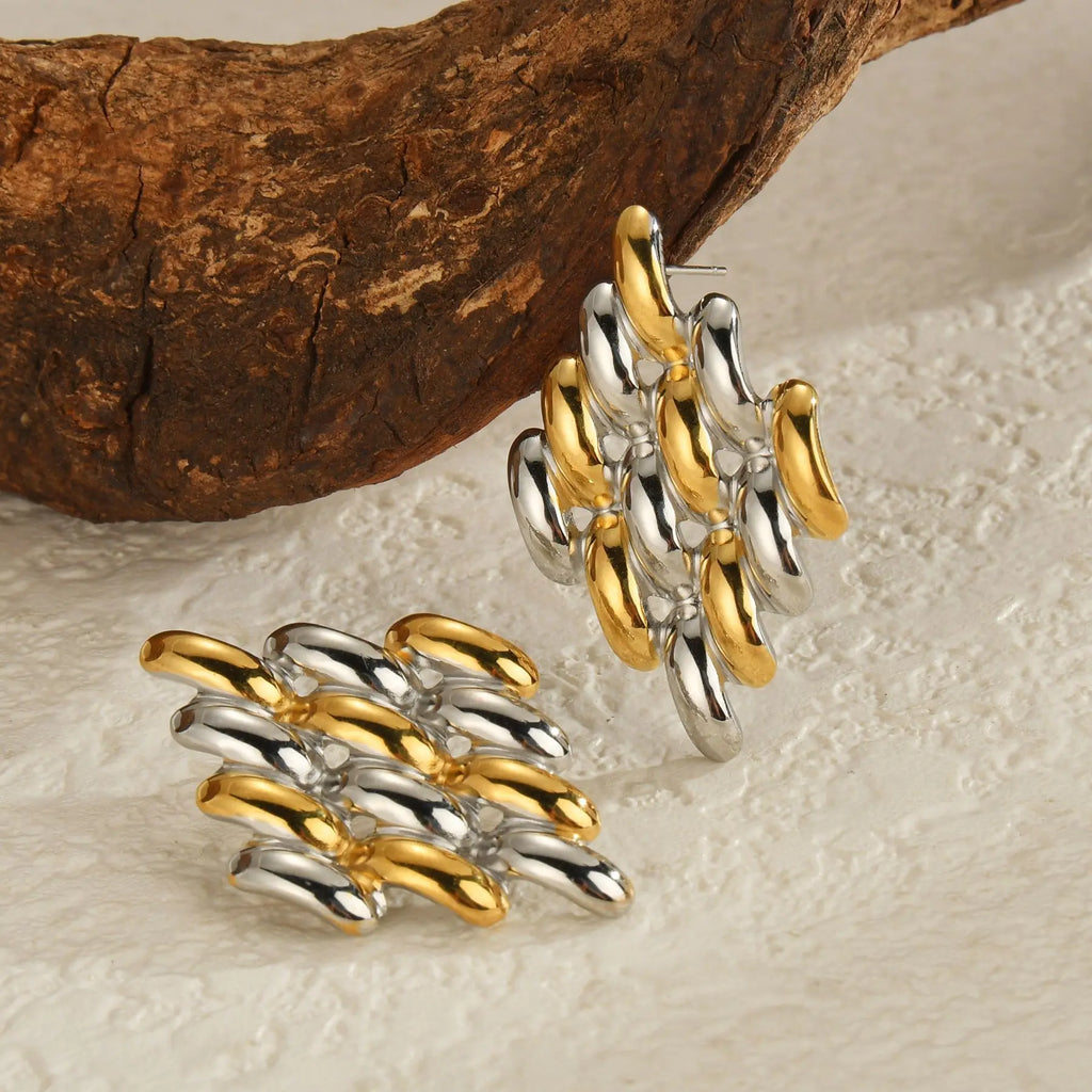 Freeteeme High-End Mixed Silver/Gold Color Earrings for Women Stainless Steel Punk Irregular Geometry Ear Studs Jewelry Gifts