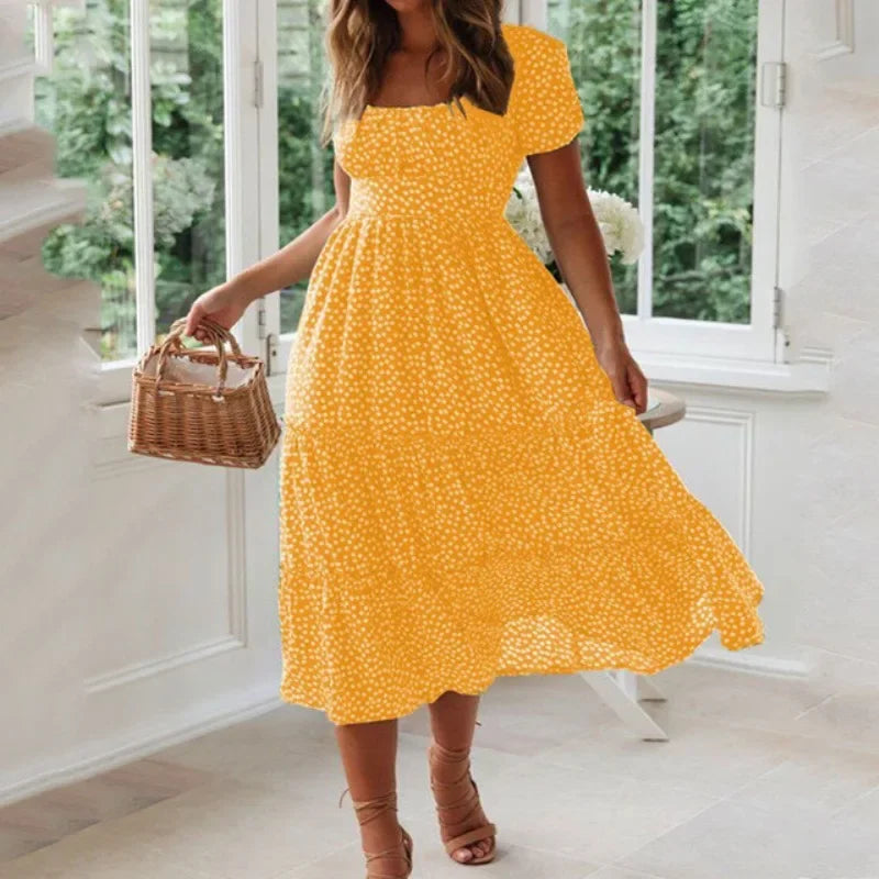 Vestido Maxi Floral Vintage – Manga Puff y Cuello Cuadrado para Playa y Fiesta