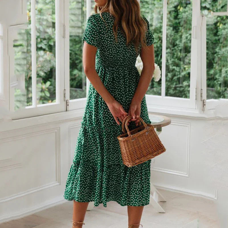 Vestido Maxi Floral Vintage – Manga Puff y Cuello Cuadrado para Playa y Fiesta