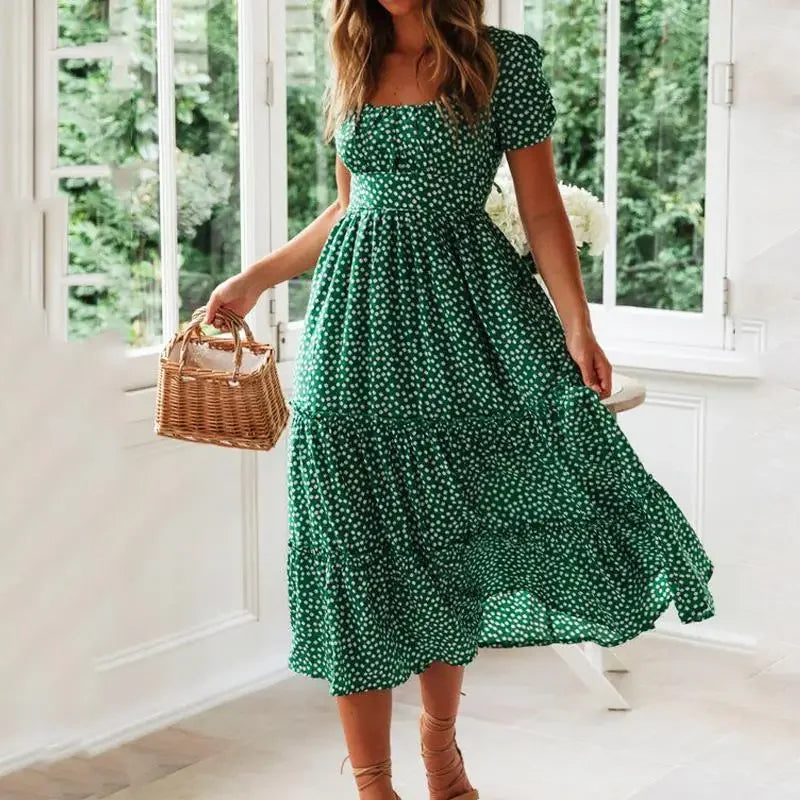 Vestido Maxi Floral Vintage – Manga Puff y Cuello Cuadrado para Playa y Fiesta