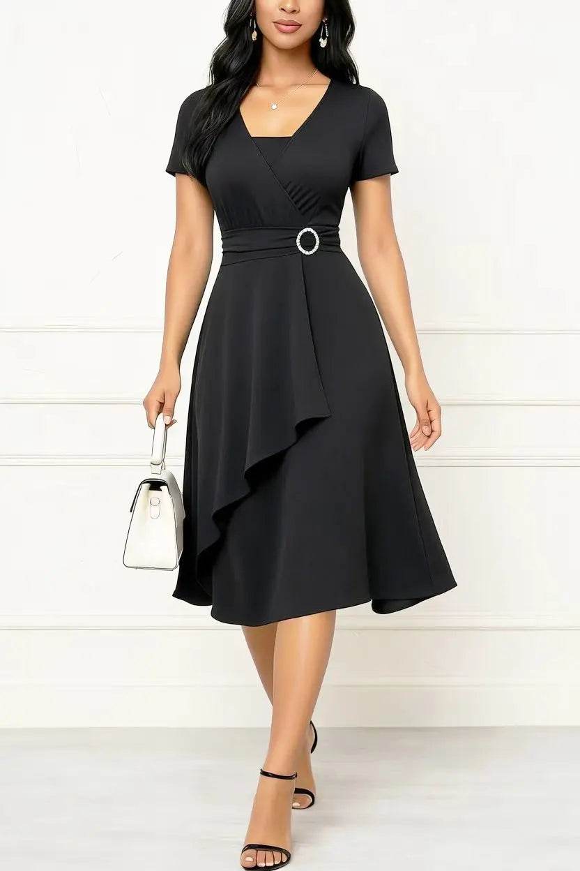 Women Summer Short Sleeve Square Neck Cocktail Wrap Solid Color Swing Midi Dress