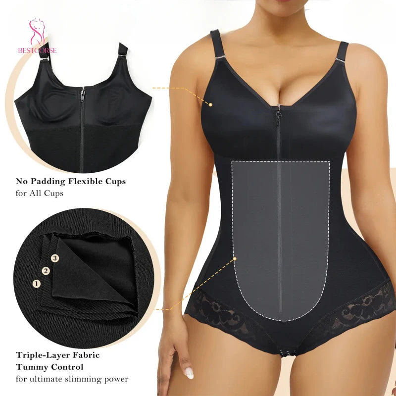 Fajas Colombianas Shapewear Bodysuit With Zipper Bra Women Body Shaper Tummy Control Girdles High Compression Garment Slimming
