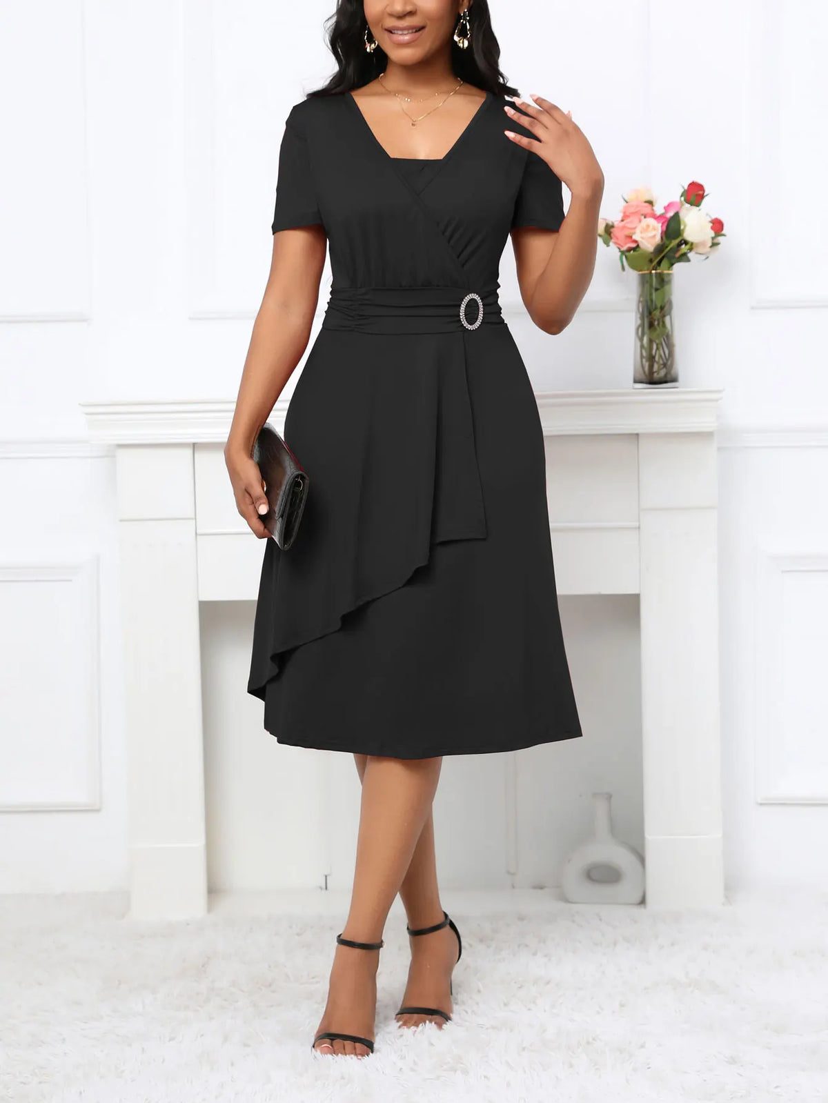 Women Summer Short Sleeve Square Neck Cocktail Wrap Solid Color Swing Midi Dress