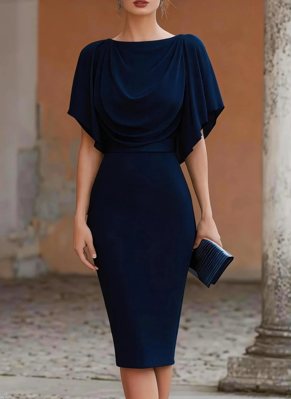 Women's Short Sleeve Midi Dress Cowl Neck Draped Cape Top Bodycon Skirt Elegant Party Evening Cocktail Wear