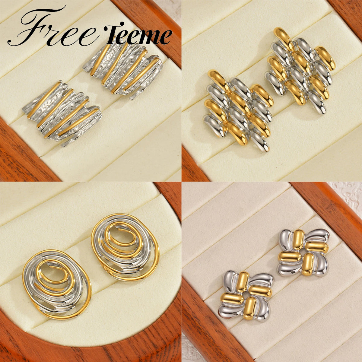 Freeteeme High-End Mixed Silver/Gold Color Earrings for Women Stainless Steel Punk Irregular Geometry Ear Studs Jewelry Gifts