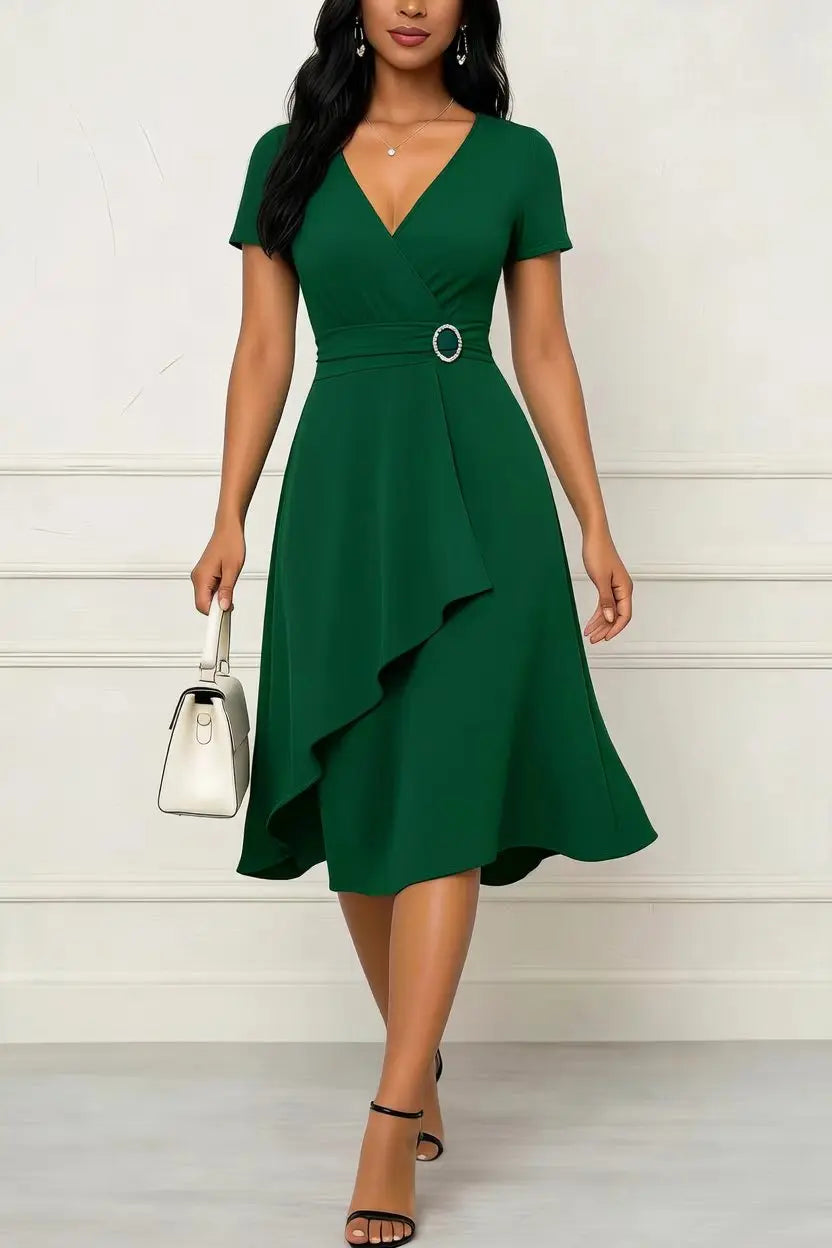 Women Summer Short Sleeve Square Neck Cocktail Wrap Solid Color Swing Midi Dress