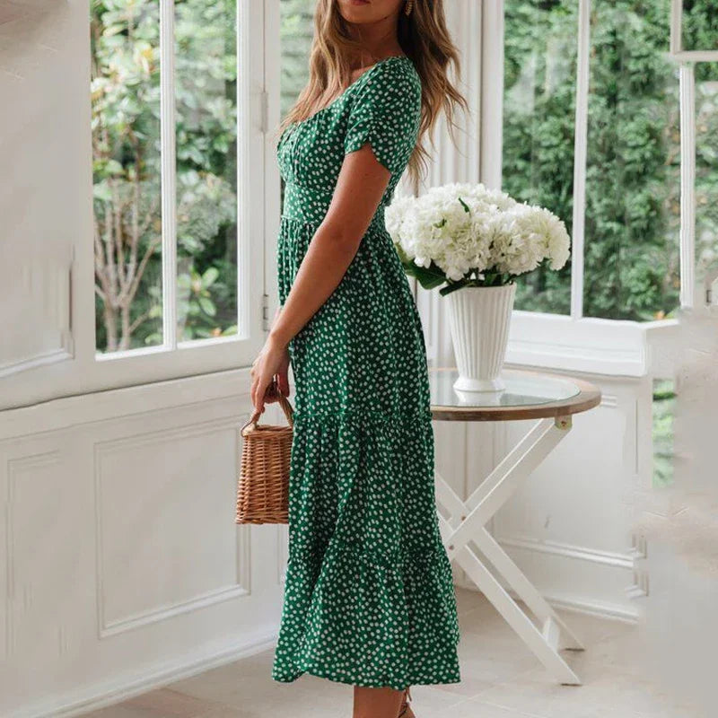 Vestido Maxi Floral Vintage – Manga Puff y Cuello Cuadrado para Playa y Fiesta