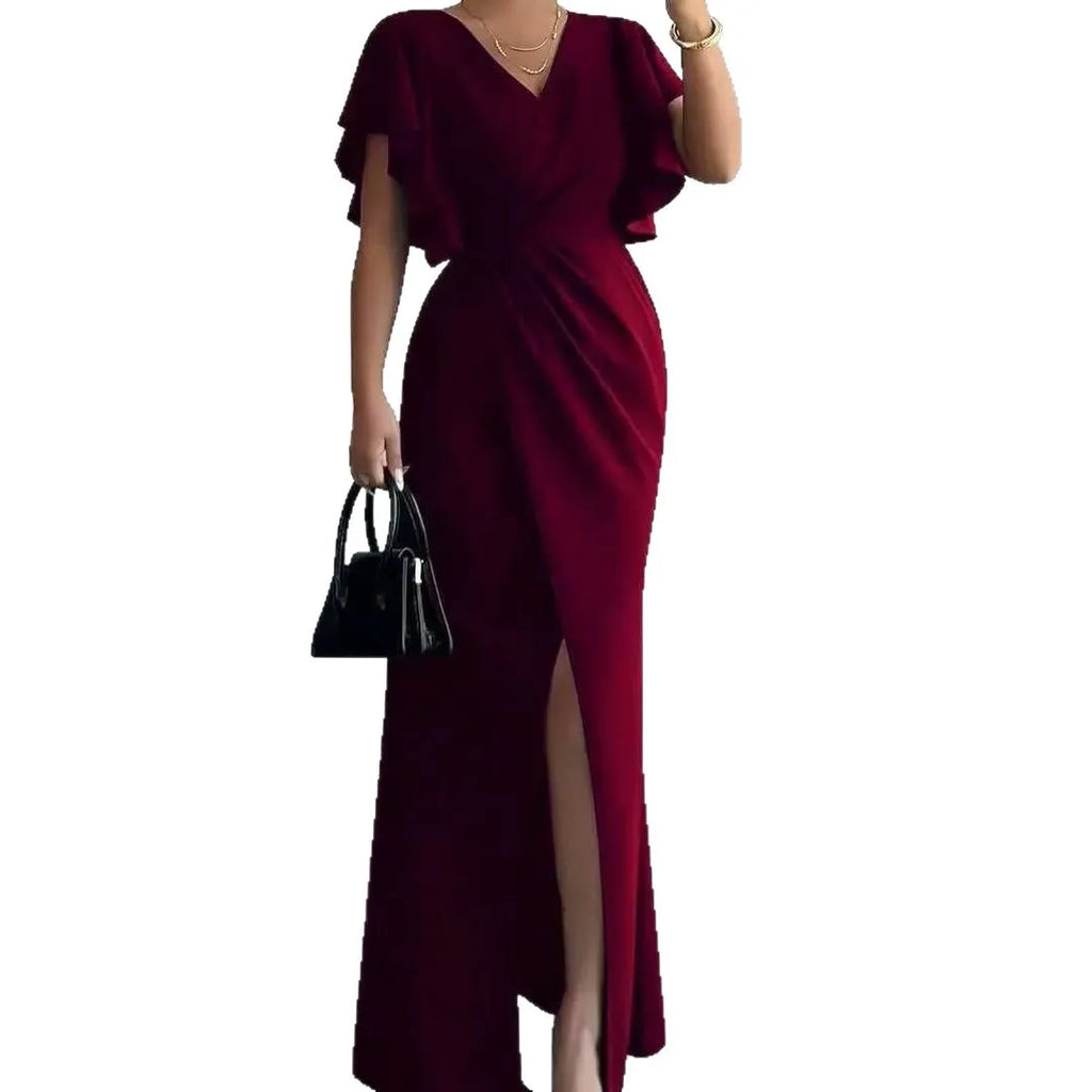 Vestido Largo Elegante con Manga Volante y Escote V – Corte Sirena 2026