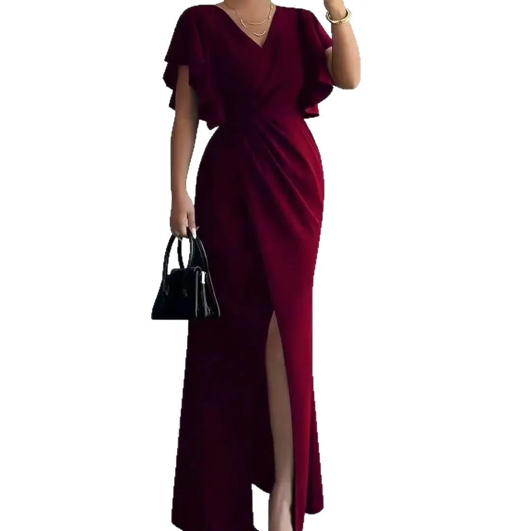 Vestido Largo Elegante con Manga Volante y Escote V – Corte Sirena 2026