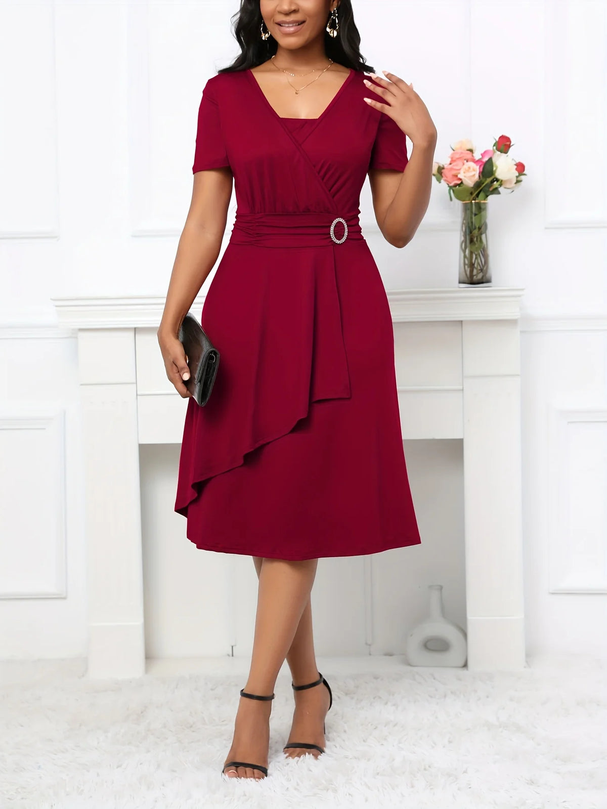 Women Summer Short Sleeve Square Neck Cocktail Wrap Solid Color Swing Midi Dress