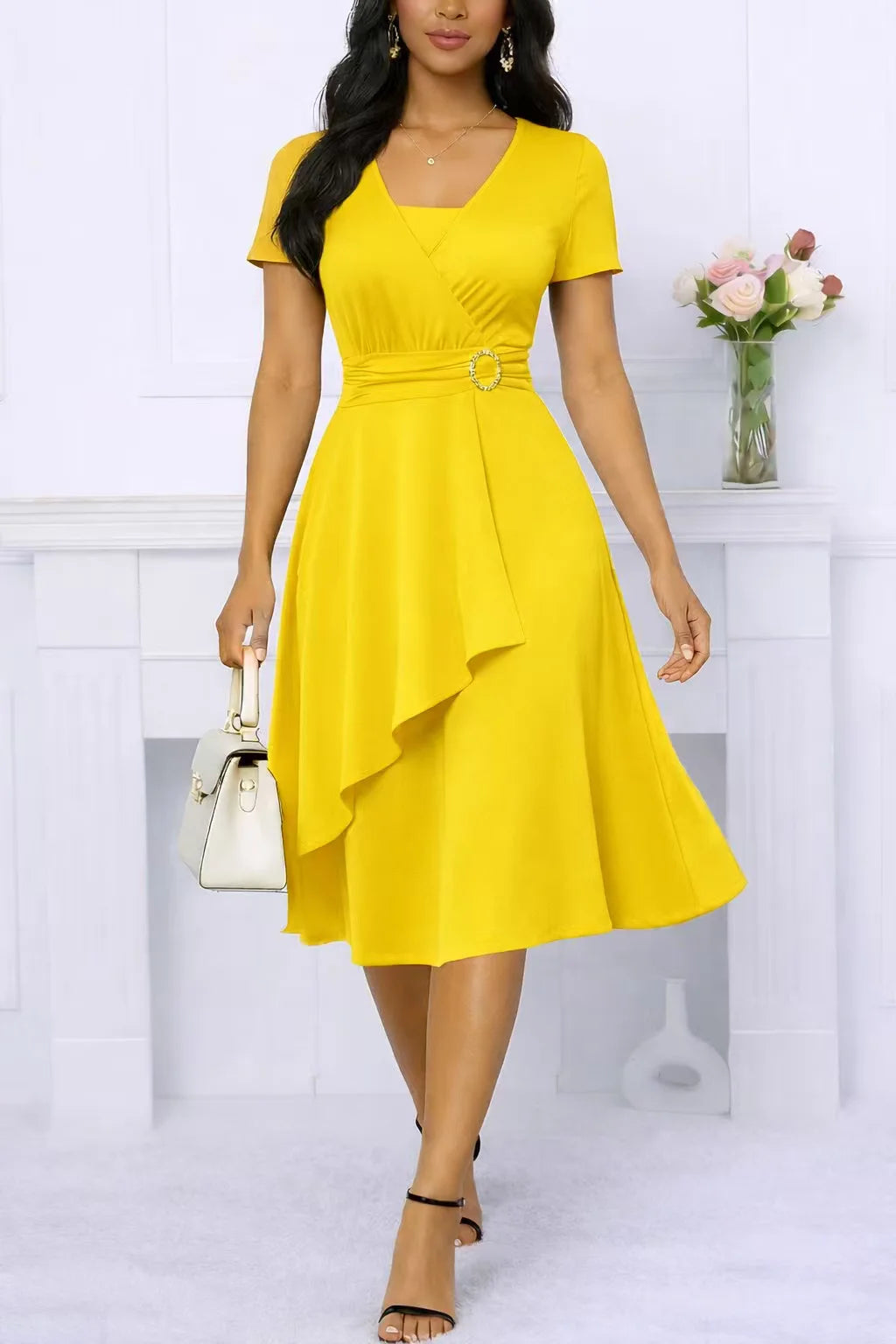 Women Summer Short Sleeve Square Neck Cocktail Wrap Solid Color Swing Midi Dress