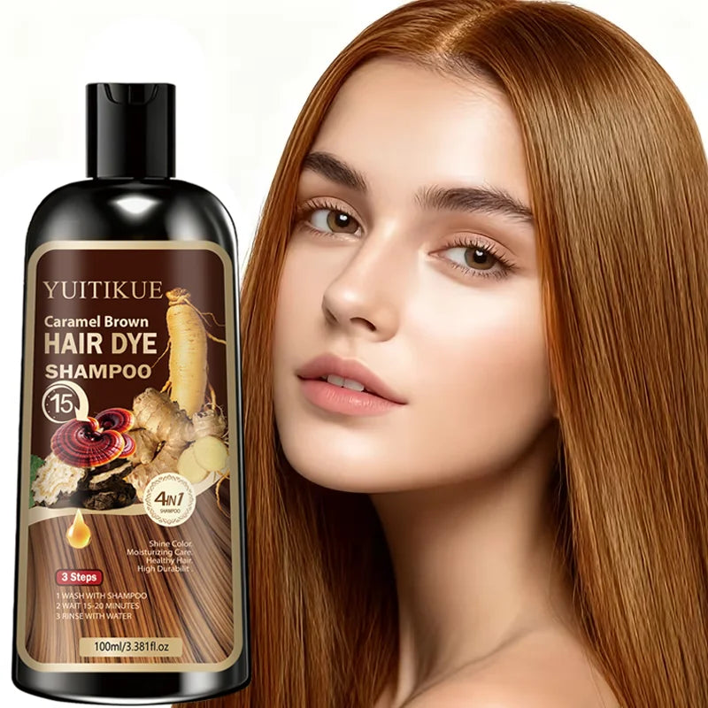 YUITIKUE Caramel Brown Hair Dye Shampoo - 4in1 Moisturizing Hair Color Shampoo Long-Lasting Hair Dye for All Hair Types