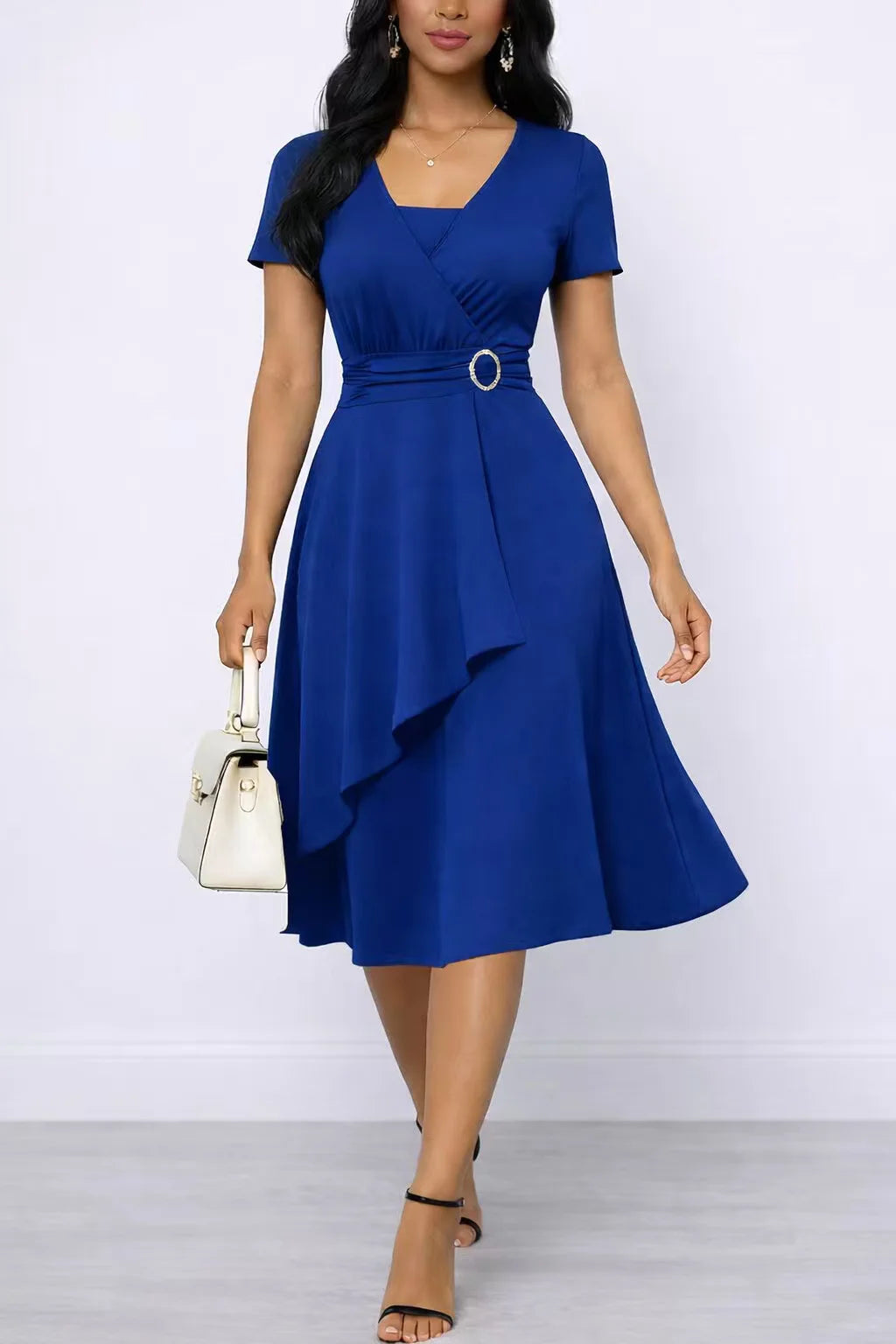 Women Summer Short Sleeve Square Neck Cocktail Wrap Solid Color Swing Midi Dress