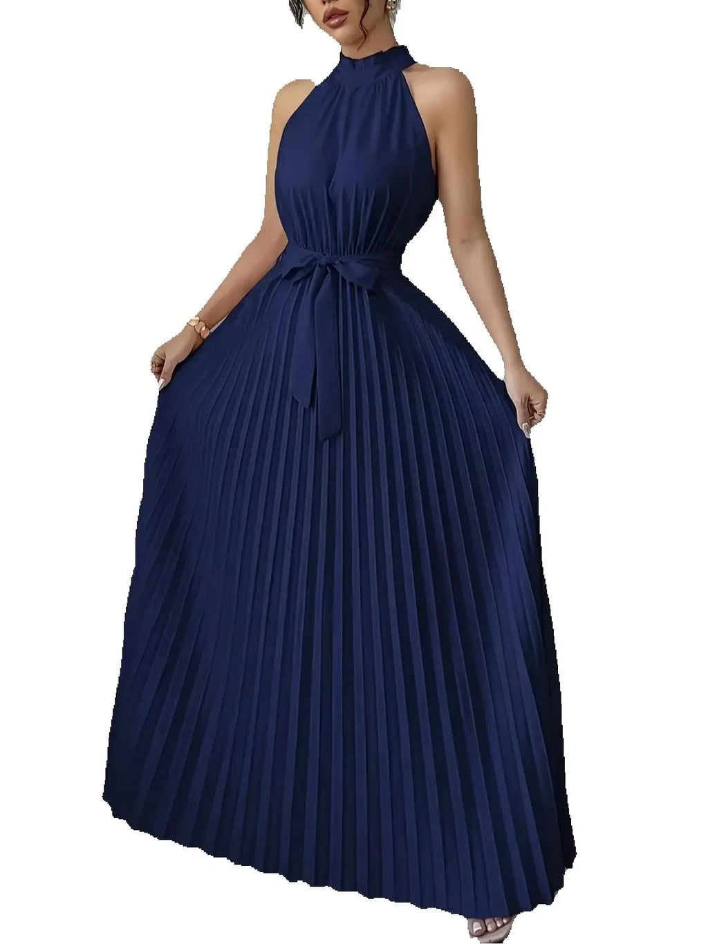 Vestido Largo Halter Off-Shoulder – Elegancia de Verano con Lazo en Cintura