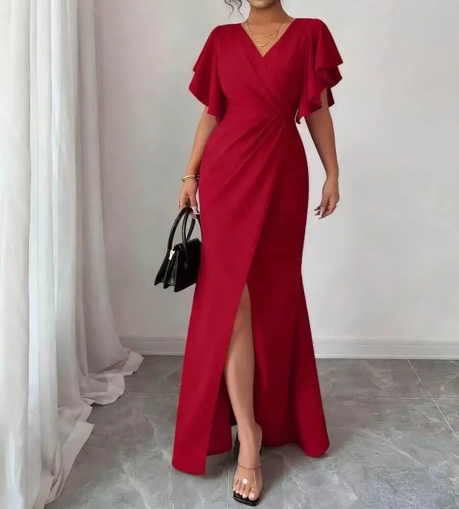 Vestido Largo Elegante con Manga Volante y Escote V – Corte Sirena 2026