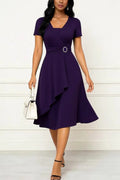 Women Summer Short Sleeve Square Neck Cocktail Wrap Solid Color Swing Midi Dress