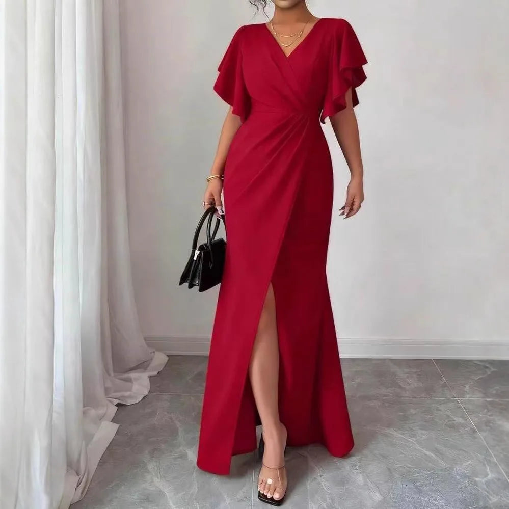 Vestido Largo Elegante con Manga Volante y Escote V – Corte Sirena 2026