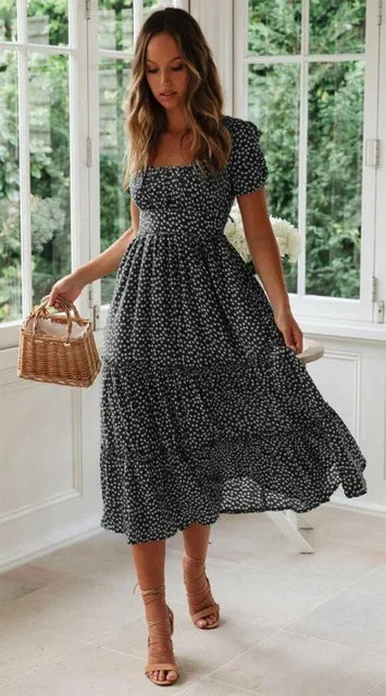 Vestido Maxi Floral Vintage – Manga Puff y Cuello Cuadrado para Playa y Fiesta