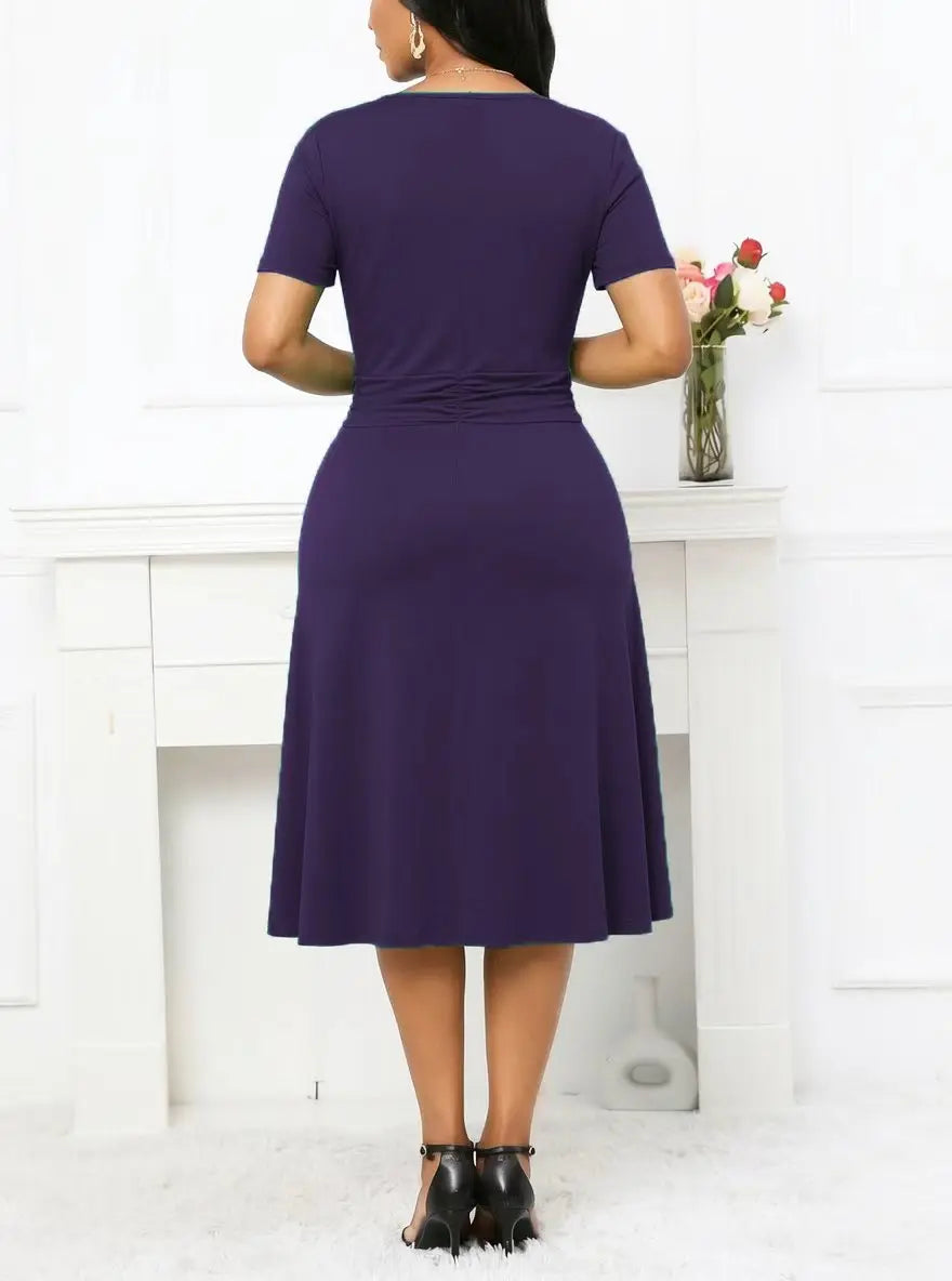 Women Summer Short Sleeve Square Neck Cocktail Wrap Solid Color Swing Midi Dress