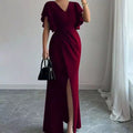 Vestido Largo Elegante con Manga Volante y Escote V – Corte Sirena 2026