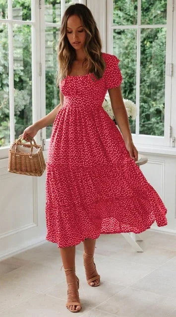 Vestido Maxi Floral Vintage – Manga Puff y Cuello Cuadrado para Playa y Fiesta