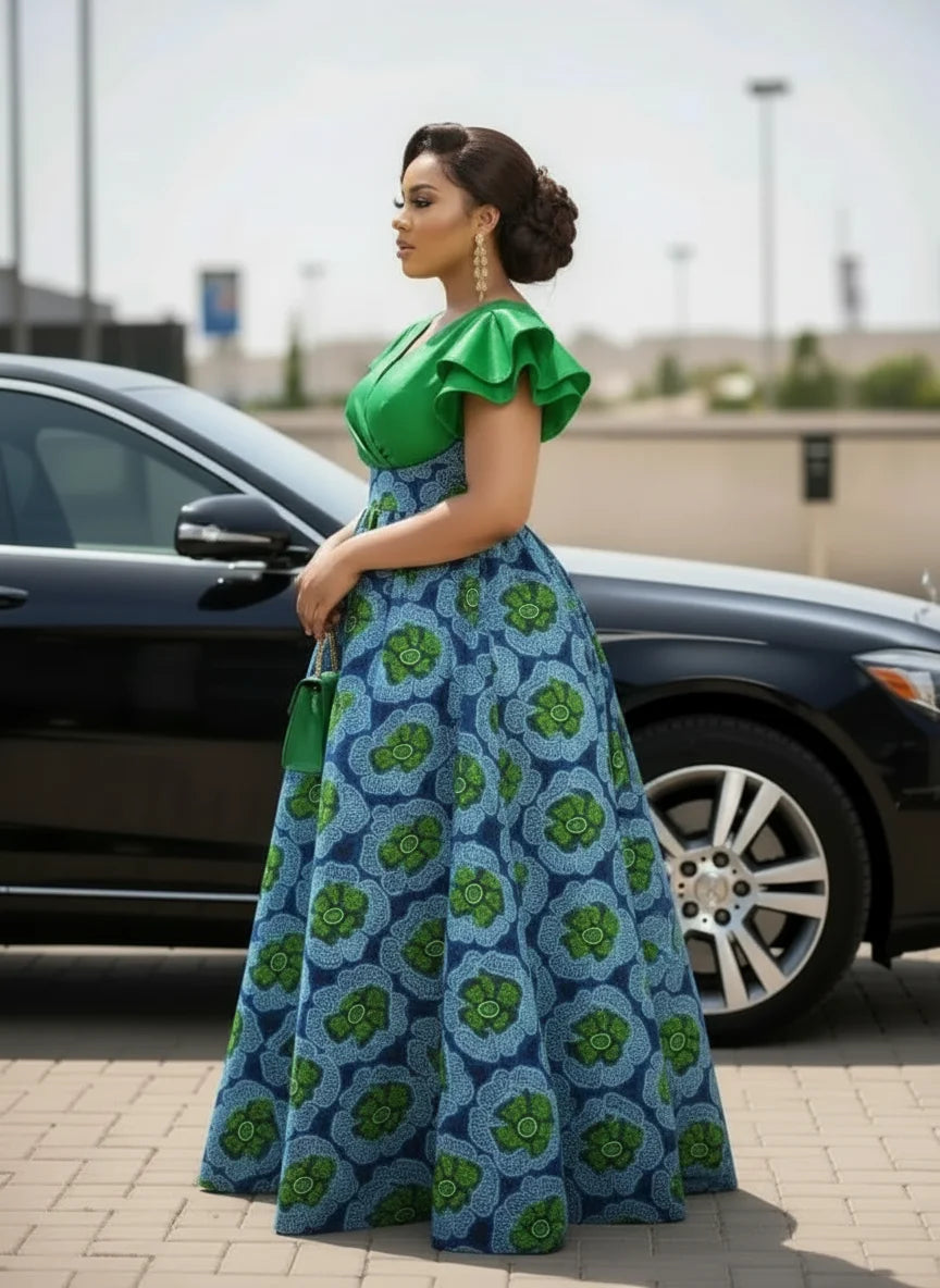 Vestido Maxi Talla Grande – Manga Corta con Volantes y Estampado Floral